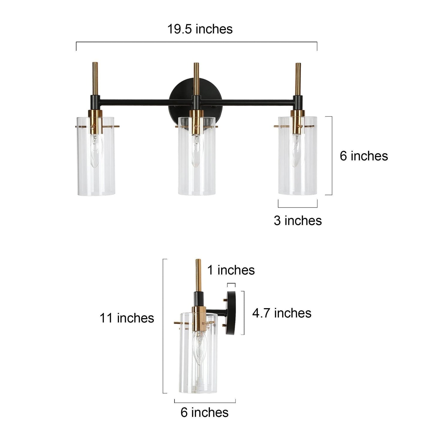 Modern Black Gold Bathroom Vanity Light Dimmable Wall Sconces with Cylinder Clear Glass