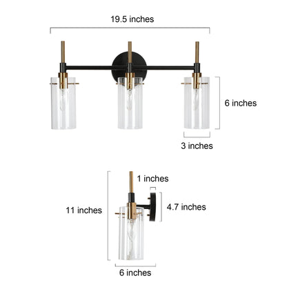Modern Black Gold Bathroom Vanity Light Dimmable Wall Sconces with Cylinder Clear Glass