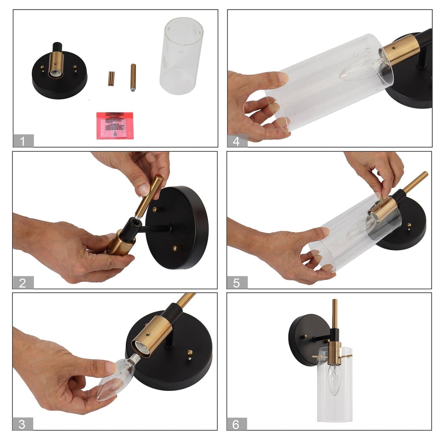 Modern Black Gold Bathroom Vanity Light Dimmable Wall Sconces with Cylinder Clear Glass