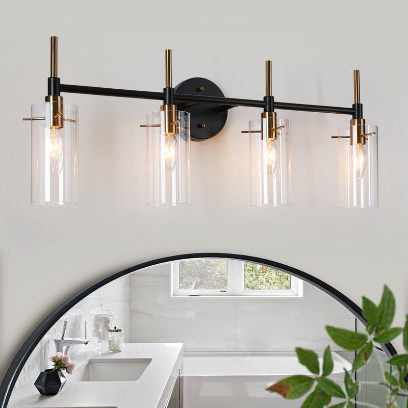 Modern Black Gold Bathroom Vanity Light Dimmable Wall Sconces with Cylinder Clear Glass
