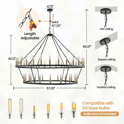 Modern Farmhouse Chandelier 2 Tier Round Wagon Wheel Chandelier Large High Ceiling Light.