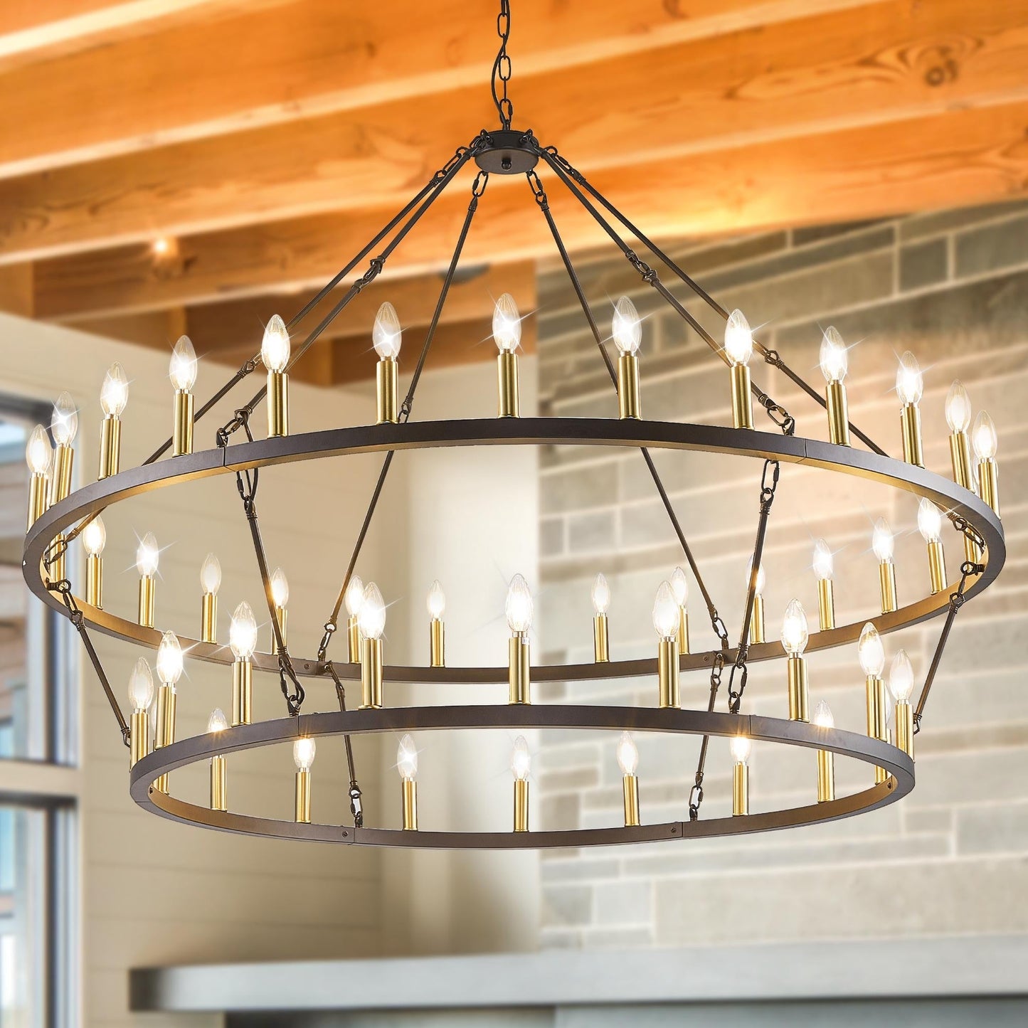 Modern Farmhouse Chandelier 2 Tier Round Wagon Wheel Chandelier Large High Ceiling Light.