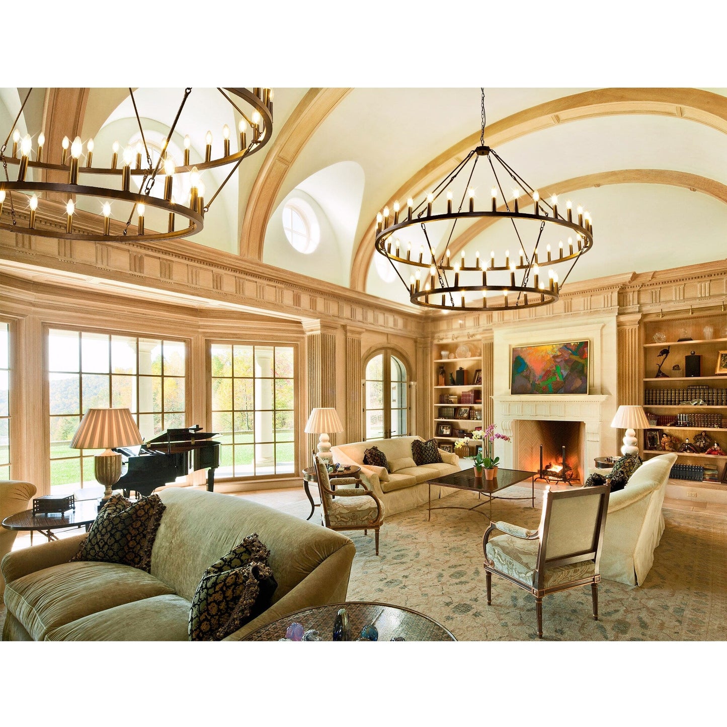 Modern Farmhouse Chandelier 2 Tier Round Wagon Wheel Chandelier Large High Ceiling Light.