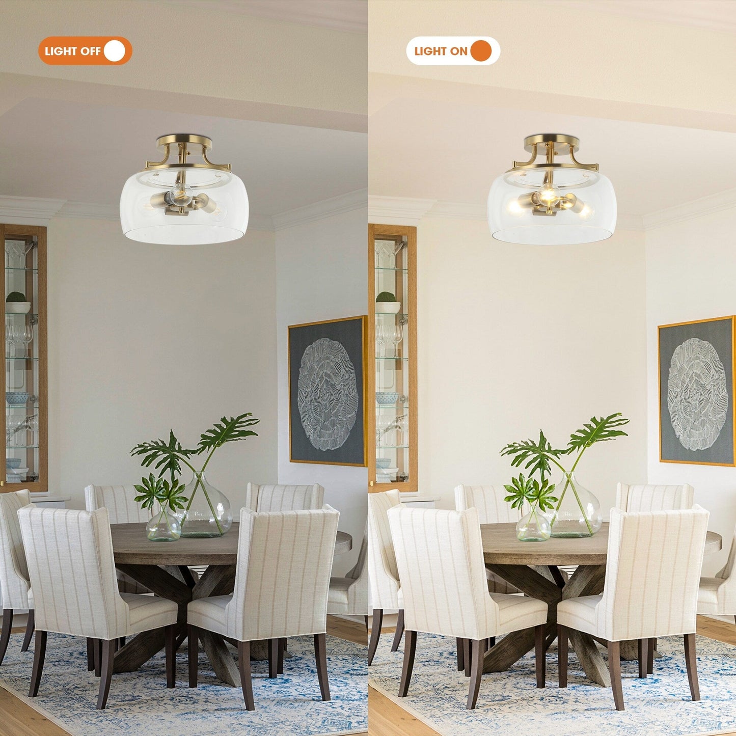 Modern Gold 3-Light Glass Semi Flush Mount Fixture Ceiling Light