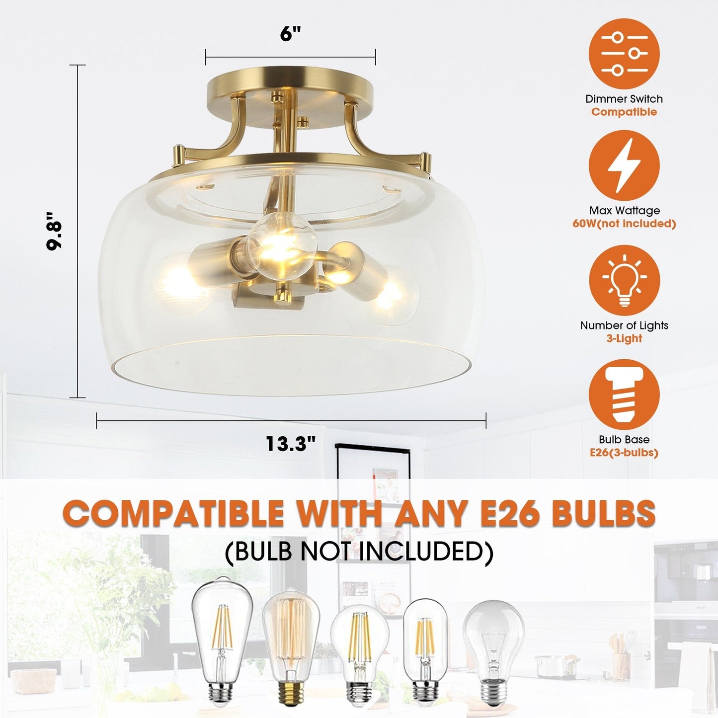 Modern Gold 3-Light Glass Semi Flush Mount Fixture Ceiling Light