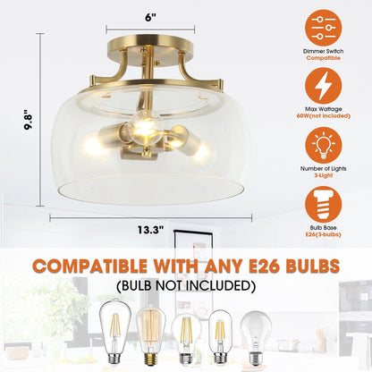 Modern Gold 3-Light Glass Semi Flush Mount Fixture Ceiling Light
