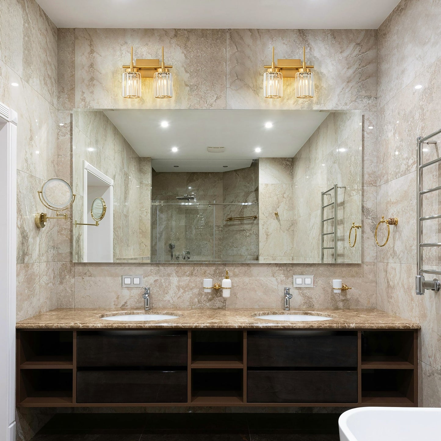 Modern Gold Dimmable Wall Light Glam Cylinder Bathroom Crystal Vanity Light Wall Sconces