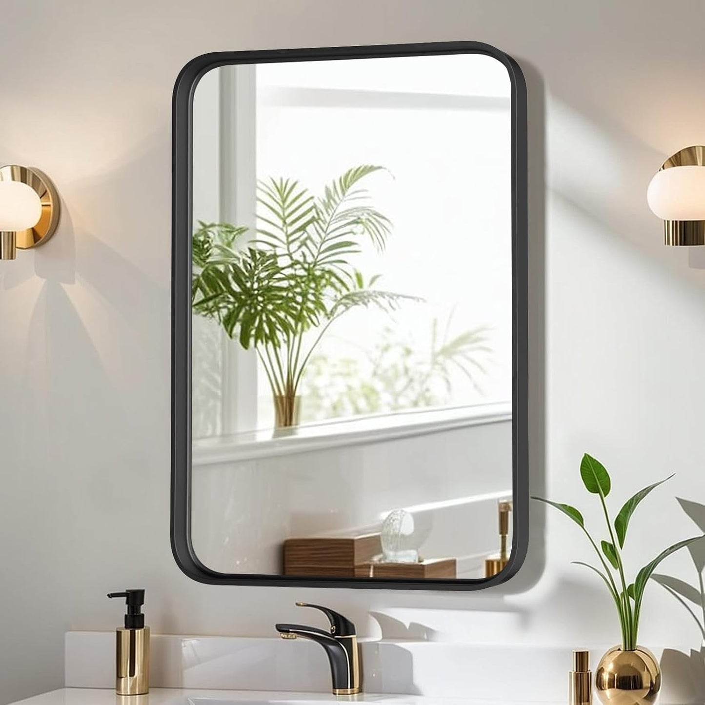 Black Aluminum Alloy Framed Vanity Rounded Rectangle Bathroom Mirrors for Over Sink Wall, Horizontally or Vertically Hanging