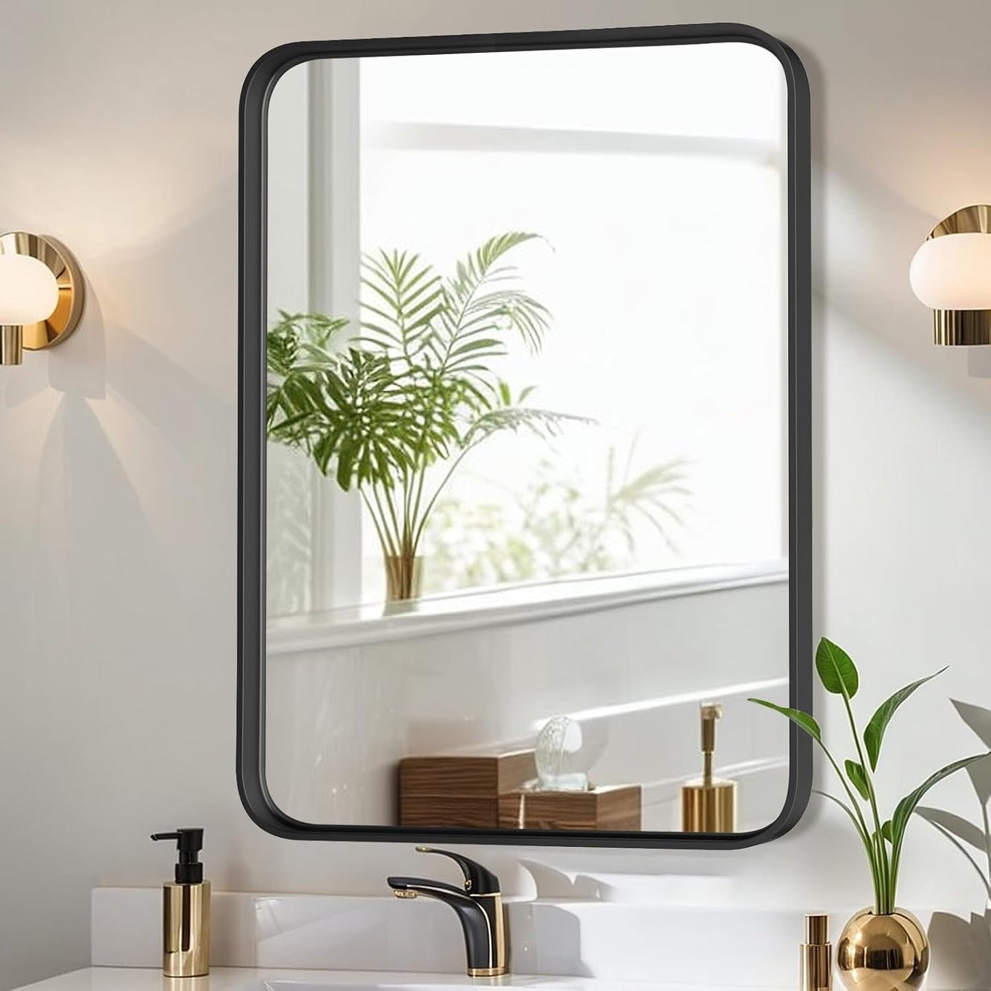 Black Aluminum Alloy Framed Vanity Rounded Rectangle Bathroom Mirrors for Over Sink Wall, Horizontally or Vertically Hanging