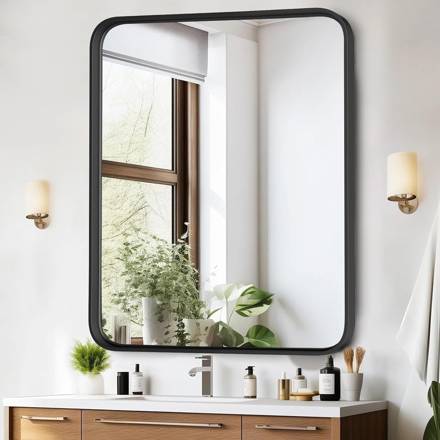 Black Aluminum Alloy Framed Vanity Rounded Rectangle Bathroom Mirrors for Over Sink Wall, Horizontally or Vertically Hanging