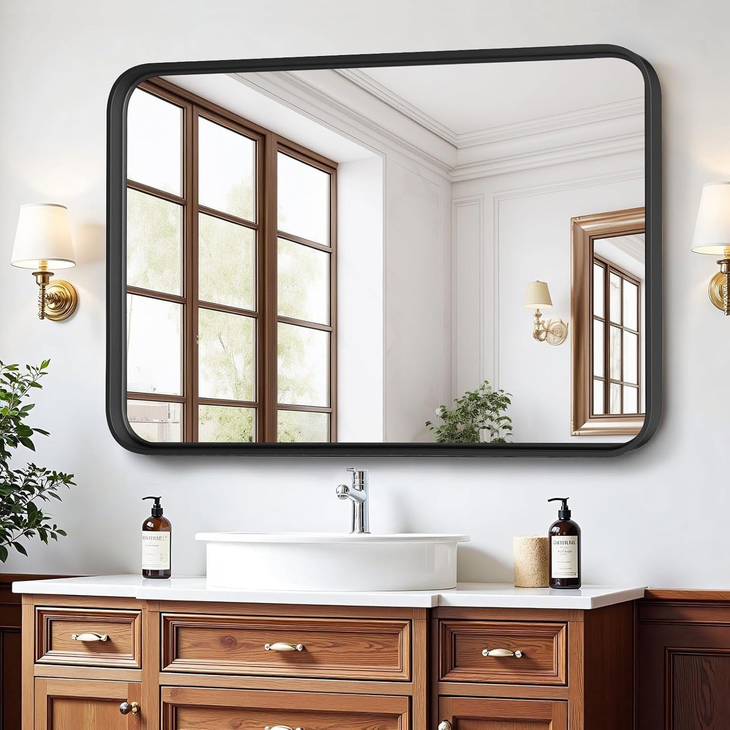 Black Aluminum Alloy Framed Vanity Rounded Rectangle Bathroom Mirrors for Over Sink Wall, Horizontally or Vertically Hanging