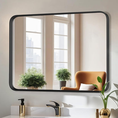 Black Aluminum Alloy Framed Vanity Rounded Rectangle Bathroom Mirrors for Over Sink Wall, Horizontally or Vertically Hanging
