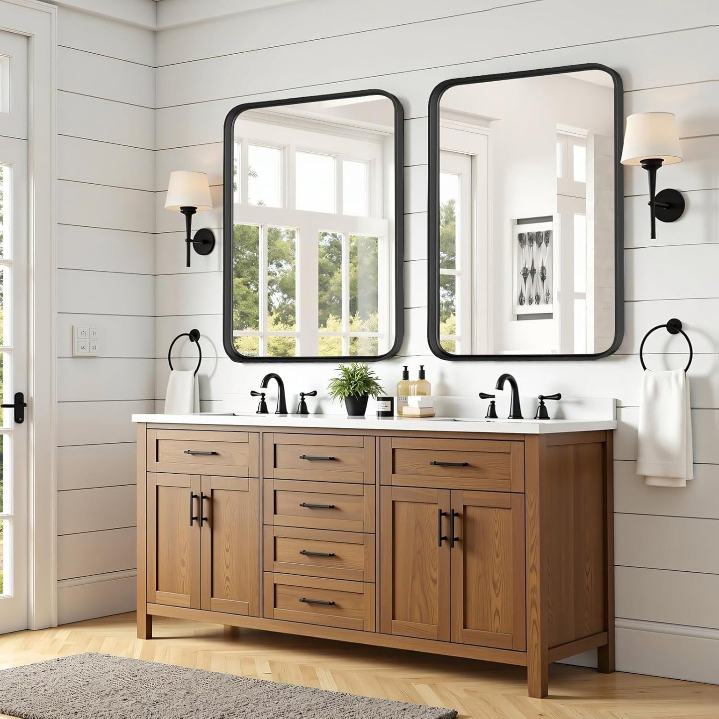 Black Aluminum Alloy Framed Vanity Rounded Rectangle Bathroom Mirrors for Over Sink Wall, Horizontally or Vertically Hanging