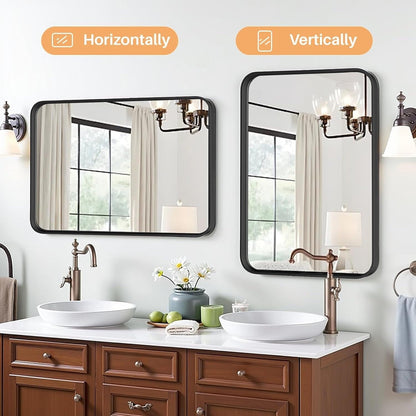 Black Aluminum Alloy Framed Vanity Rounded Rectangle Bathroom Mirrors for Over Sink Wall, Horizontally or Vertically Hanging