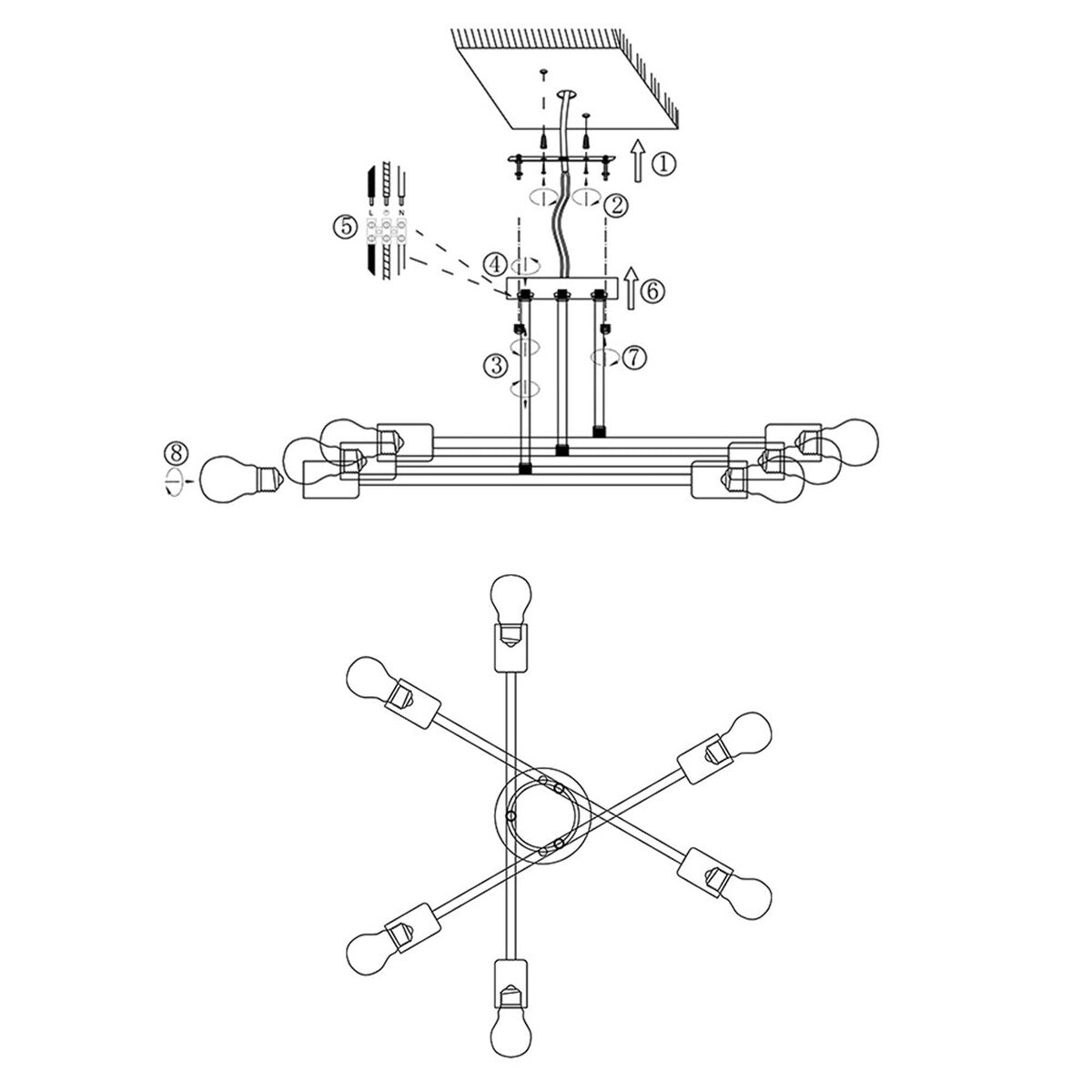 6 - Light Modern Metal Black Sputnik Semi-Flush Mount Ceiling Light