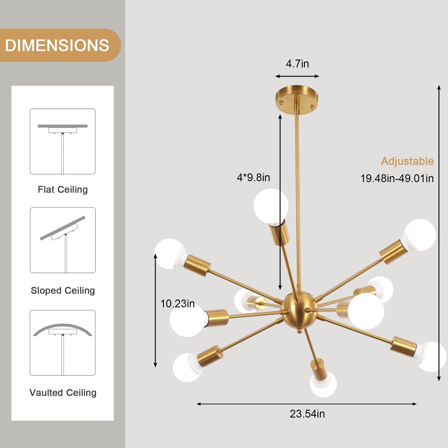 Modern Sputnik Chandelier 10-Light Adjustable Ceiling Light Fixture for Kitchen Dining Room Living Room Bedroom - N/A