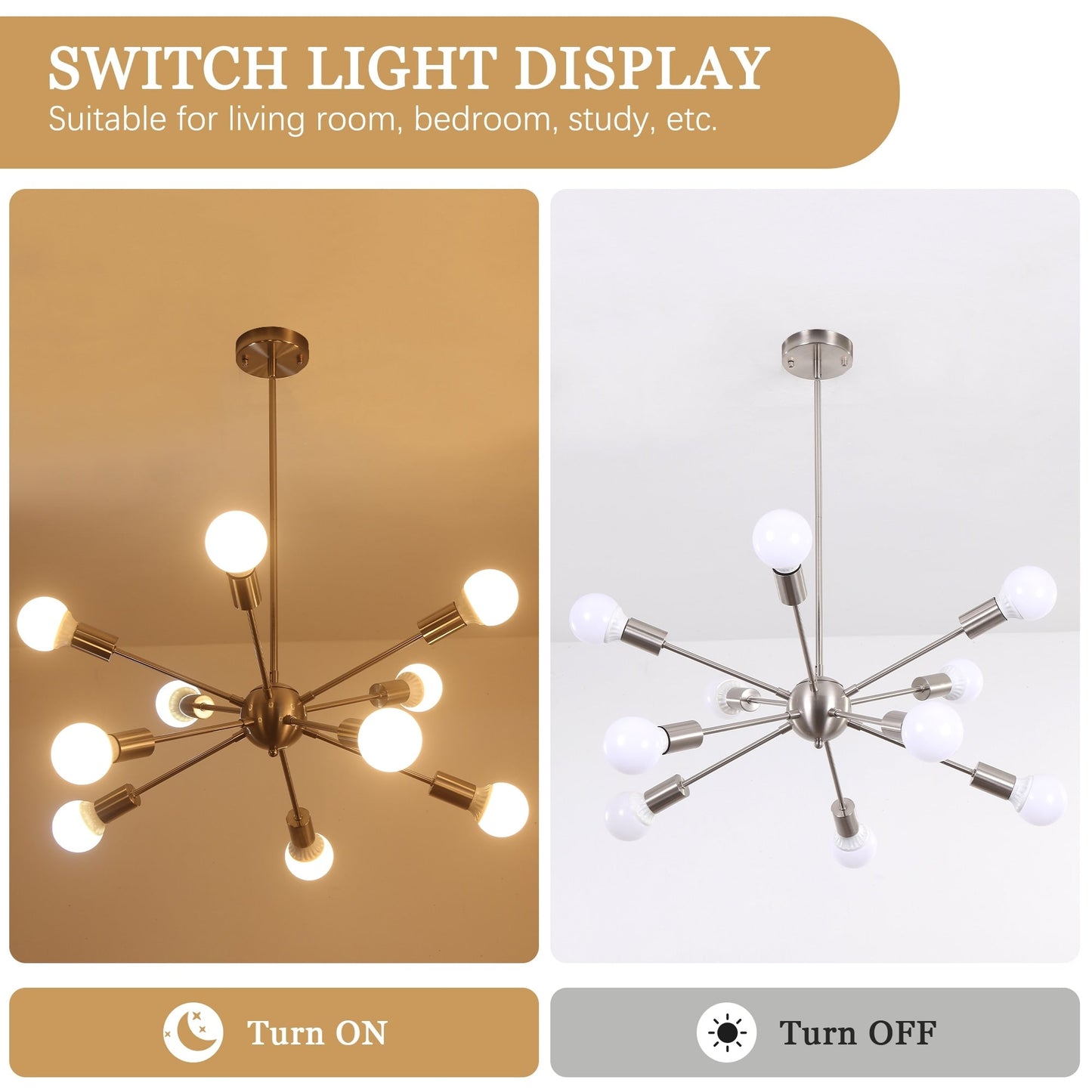 Modern Sputnik Chandelier 10-Light Adjustable Ceiling Light Fixture for Kitchen Dining Room Living Room Bedroom - N/A