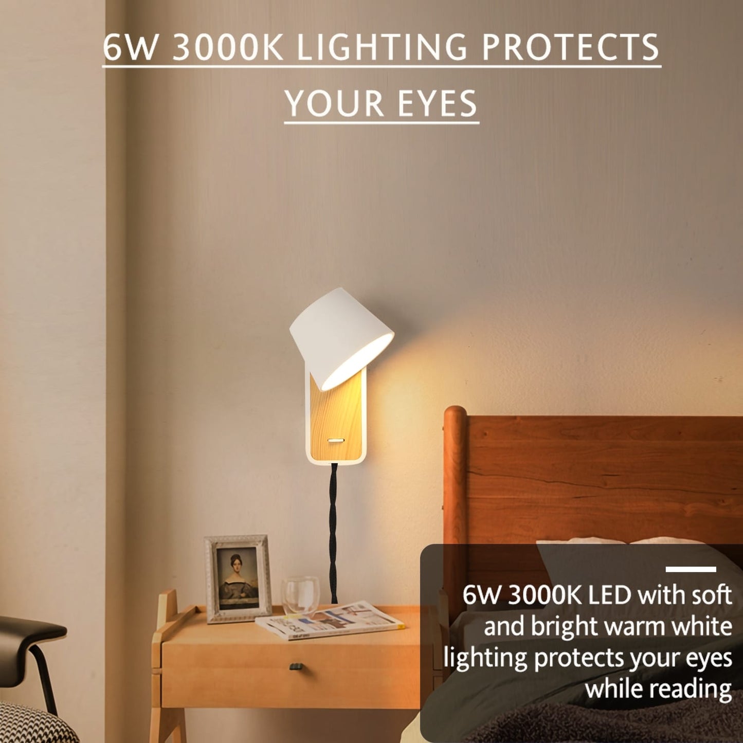 Modern Wall Lamp with Plug in Cord Indoor Contemporary Mounted Lighting Fixture-Nordic Bedside Rotatable Reading Lights