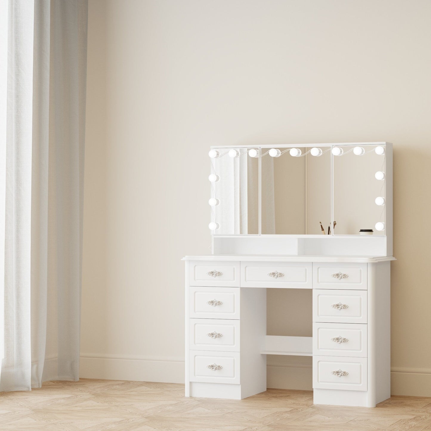 Modern White Makeup Vanity Fold Mirror Adjustable Lighting Dressing - 40.2x54.1