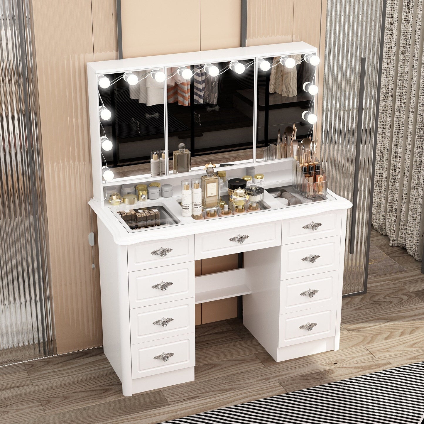 Modern White Makeup Vanity Fold Mirror Adjustable Lighting Dressing - 40.2x54.1