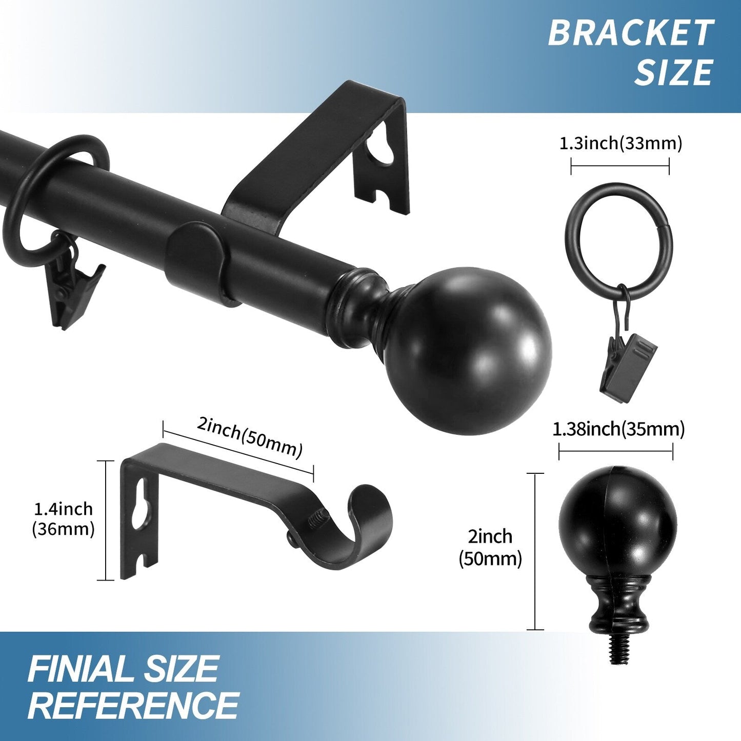 Mordern Round Ball Adjustable Curtain Rod with Curtain Rings