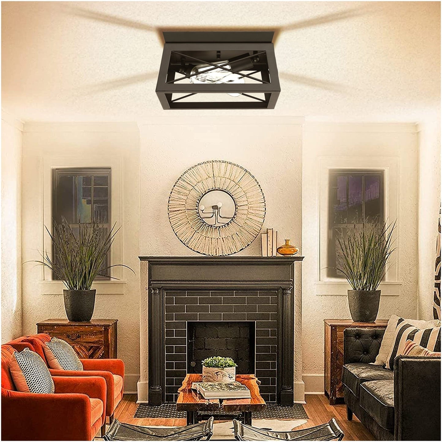 Mousse 12 in. W. 2-Light Flush Mount with Matte Black Finish and Barnwood Accents