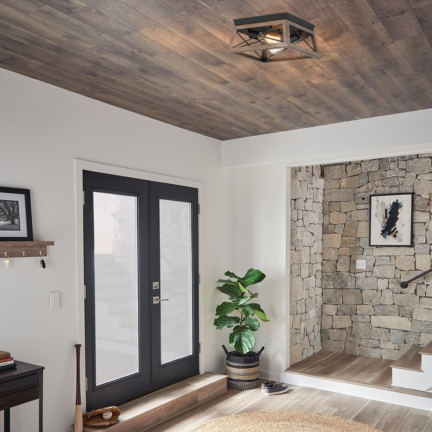 Mousse 12 in. W. 2-Light Flush Mount with Matte Black Finish and Barnwood Accents