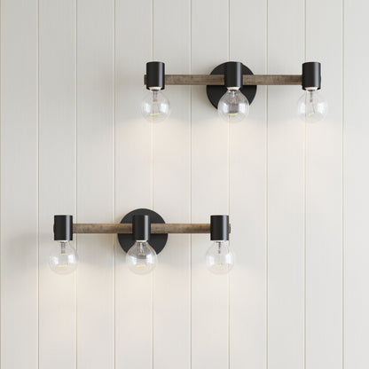 Nathan James Henry 3-Lights Farmhouse Bathroom Vanity Light in Brushed Wood and Black Metal for Bathroom and Vanity