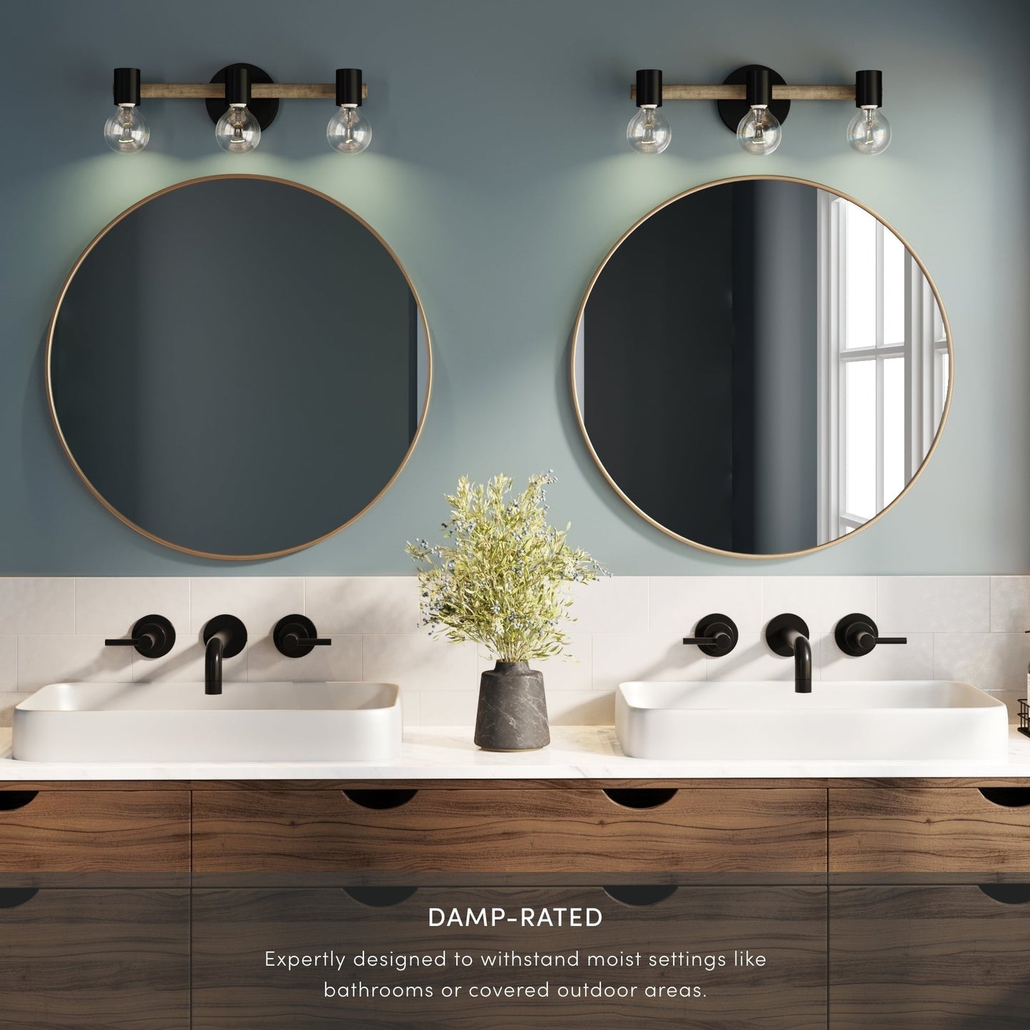 Nathan James Henry 3-Lights Farmhouse Bathroom Vanity Light in Brushed Wood and Black Metal for Bathroom and Vanity