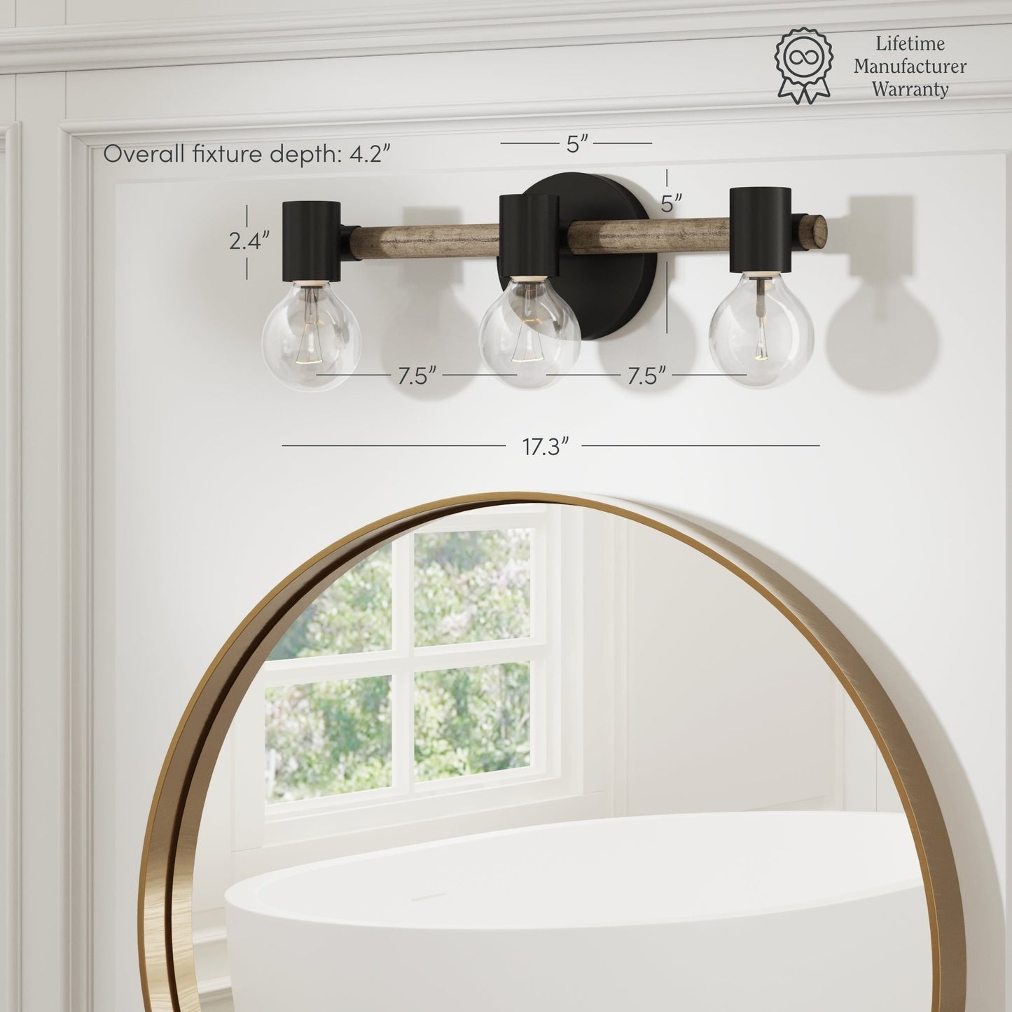 Nathan James Henry 3-Lights Farmhouse Bathroom Vanity Light in Brushed Wood and Black Metal for Bathroom and Vanity