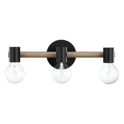 Nathan James Henry 3-Lights Farmhouse Bathroom Vanity Light in Brushed Wood and Black Metal for Bathroom and Vanity