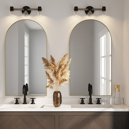 Nathan James Henry 3-Lights Farmhouse Bathroom Vanity Light in Brushed Wood and Black Metal for Bathroom and Vanity