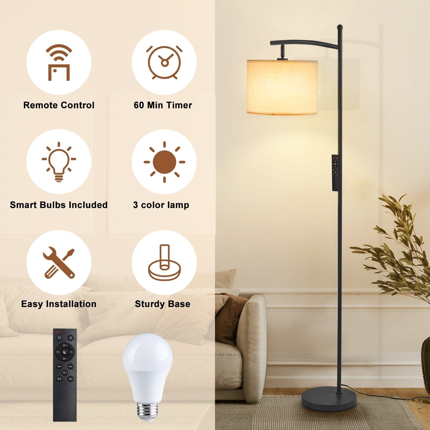 Netin 66 Arched Floor Lamp with Remote and Able to Rotate Lamp Shade