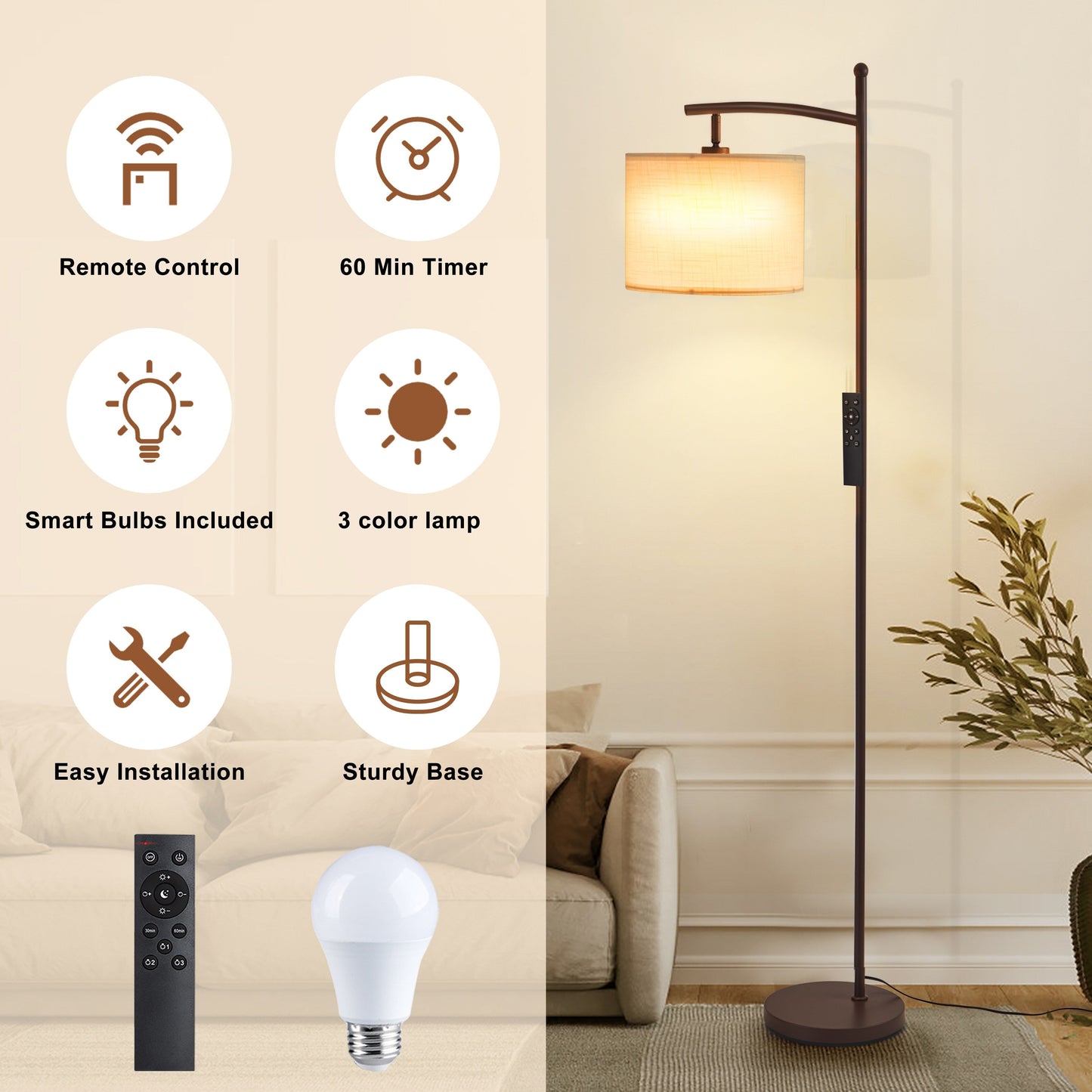 Netin 66 Arched Floor Lamp with Remote and Able to Rotate Lamp Shade