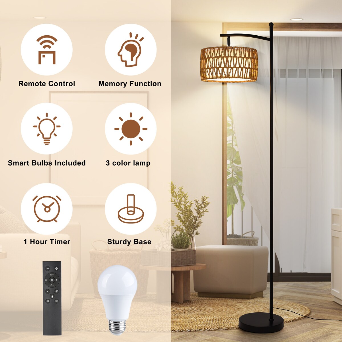 Netin 66 Dimmable LED Arched Floor Lamp with Remote - N/A