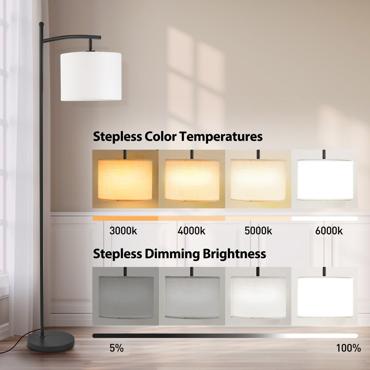 Netin 66 Dimmable LED Arched Floor Lamp with Remote - N/A