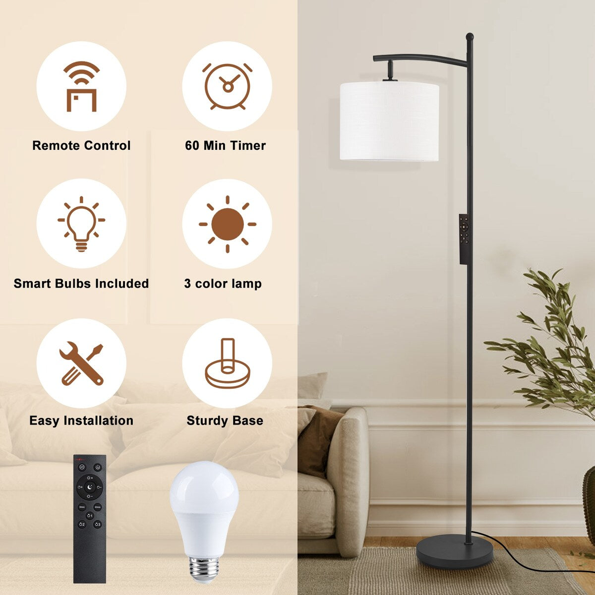 Netin 66 Dimmable LED Arched Floor Lamp with Remote - N/A