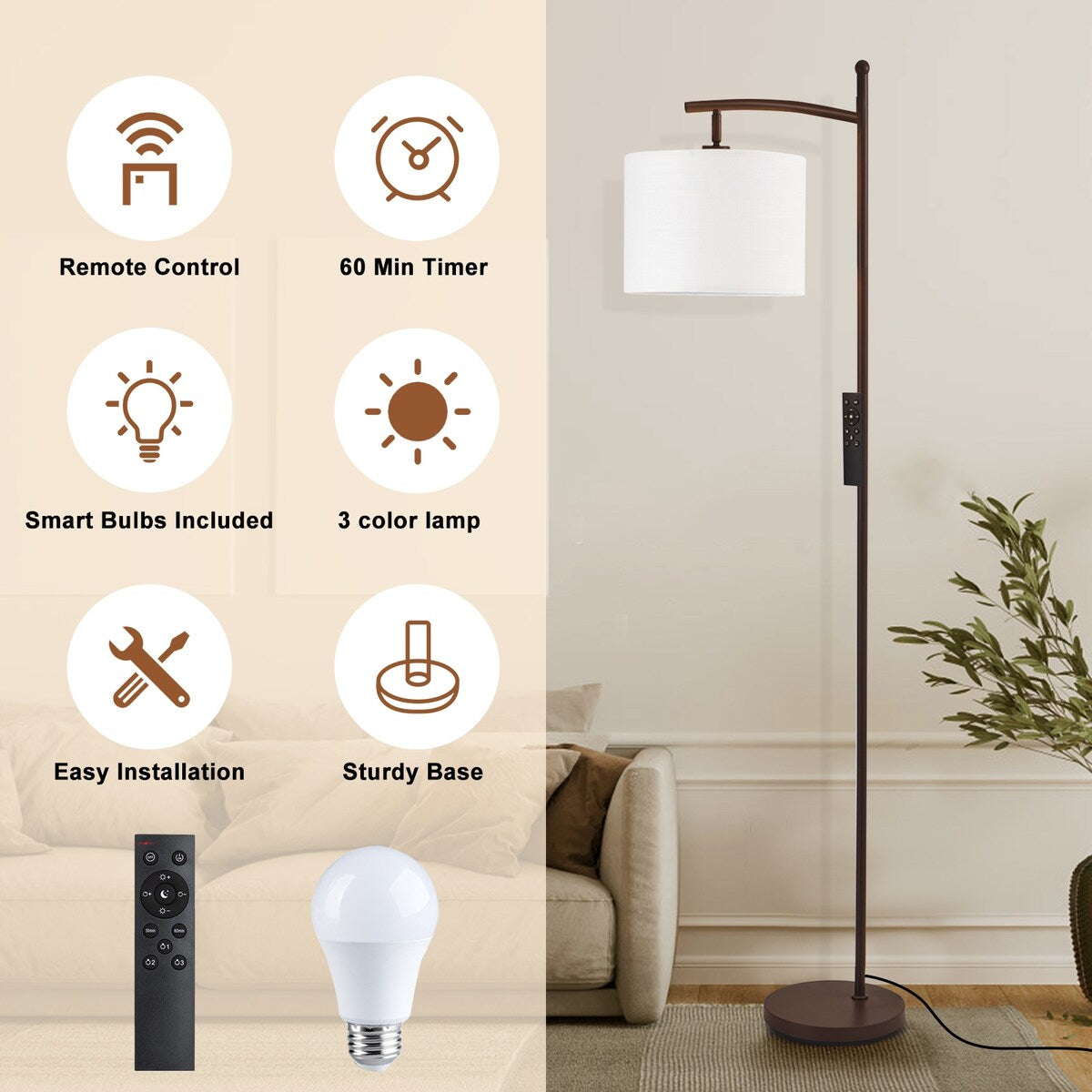 Netin 66 Dimmable LED Arched Floor Lamp with Remote - N/A