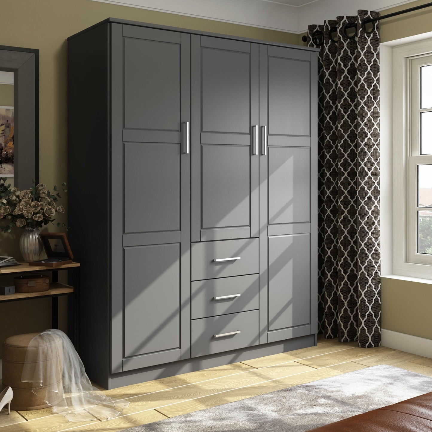 Palace Imports 100% Solid Wood Cosmo 3-Door Wardrobe Armoire with Solid Wood or Mirrored Doors