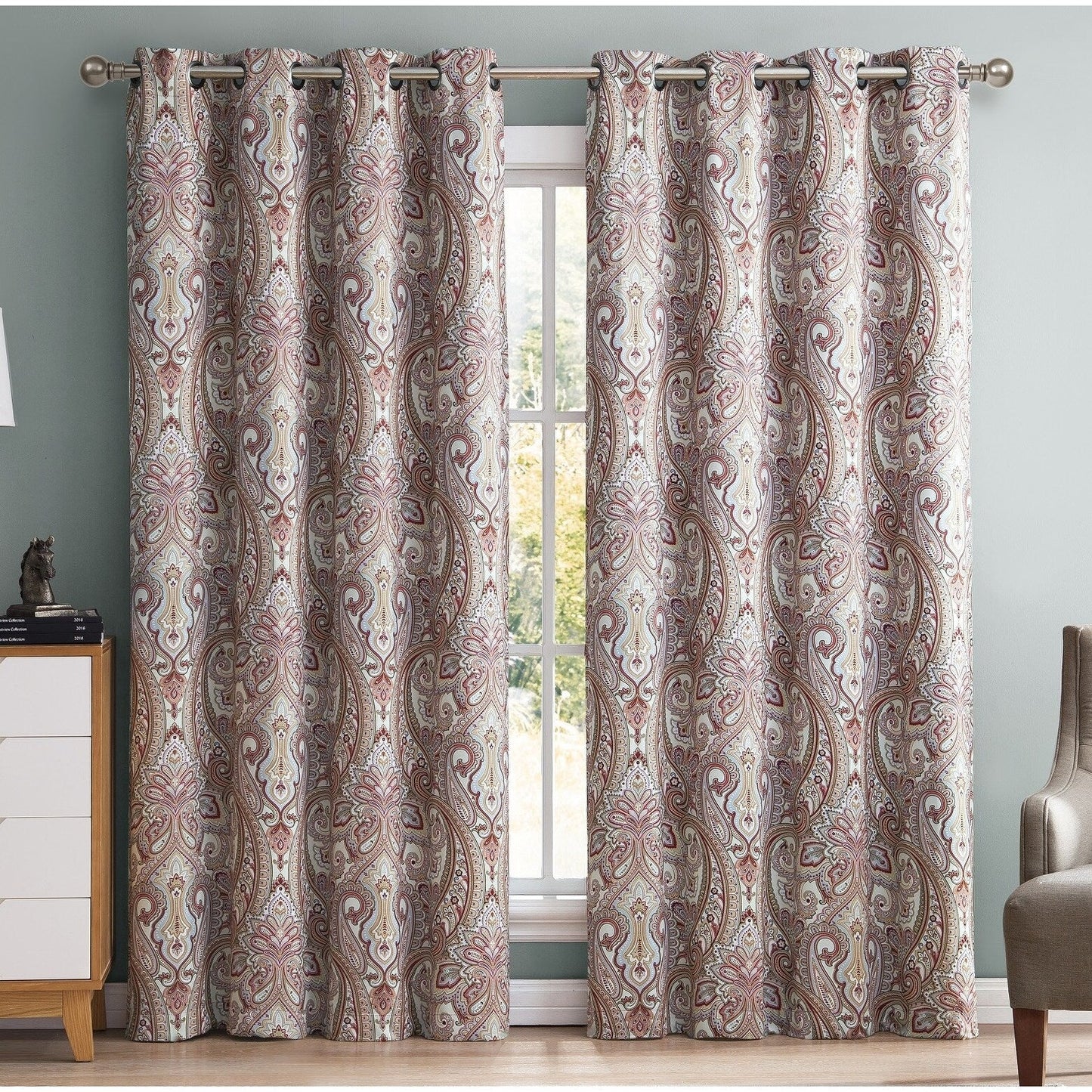 HLC.me Paris Paisley Print Light Reducing Filtering Grommet Window Curtain Panels - Set of 2