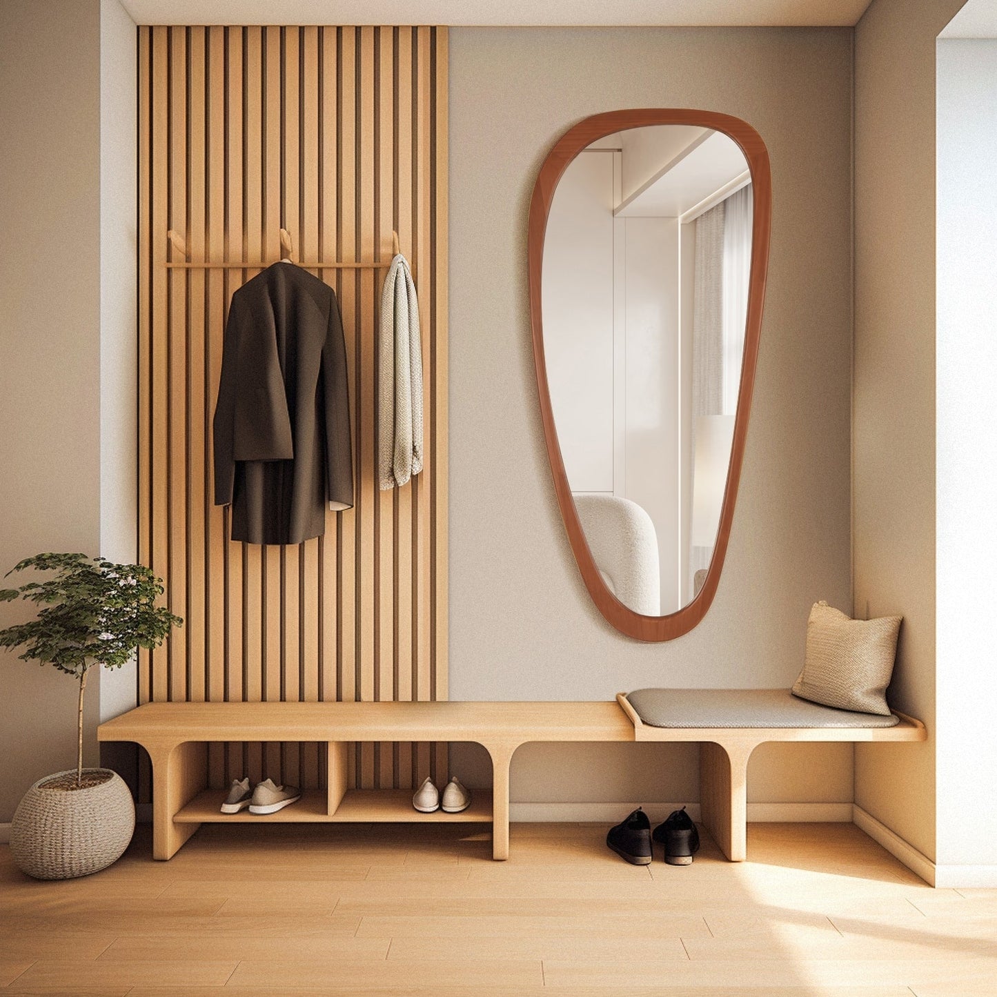 Pine Frame Cobblestone Shaped Asymmetrical Wall Mirror