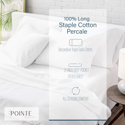 Pointehaven Long Staple Cotton Embroidered Percale Oversized Percale Cooling 4 pc Sheet Set