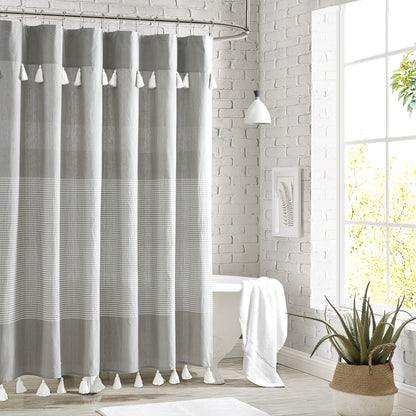 Porch & Den Onassis Modern Stripe Tassel Shower Curtain