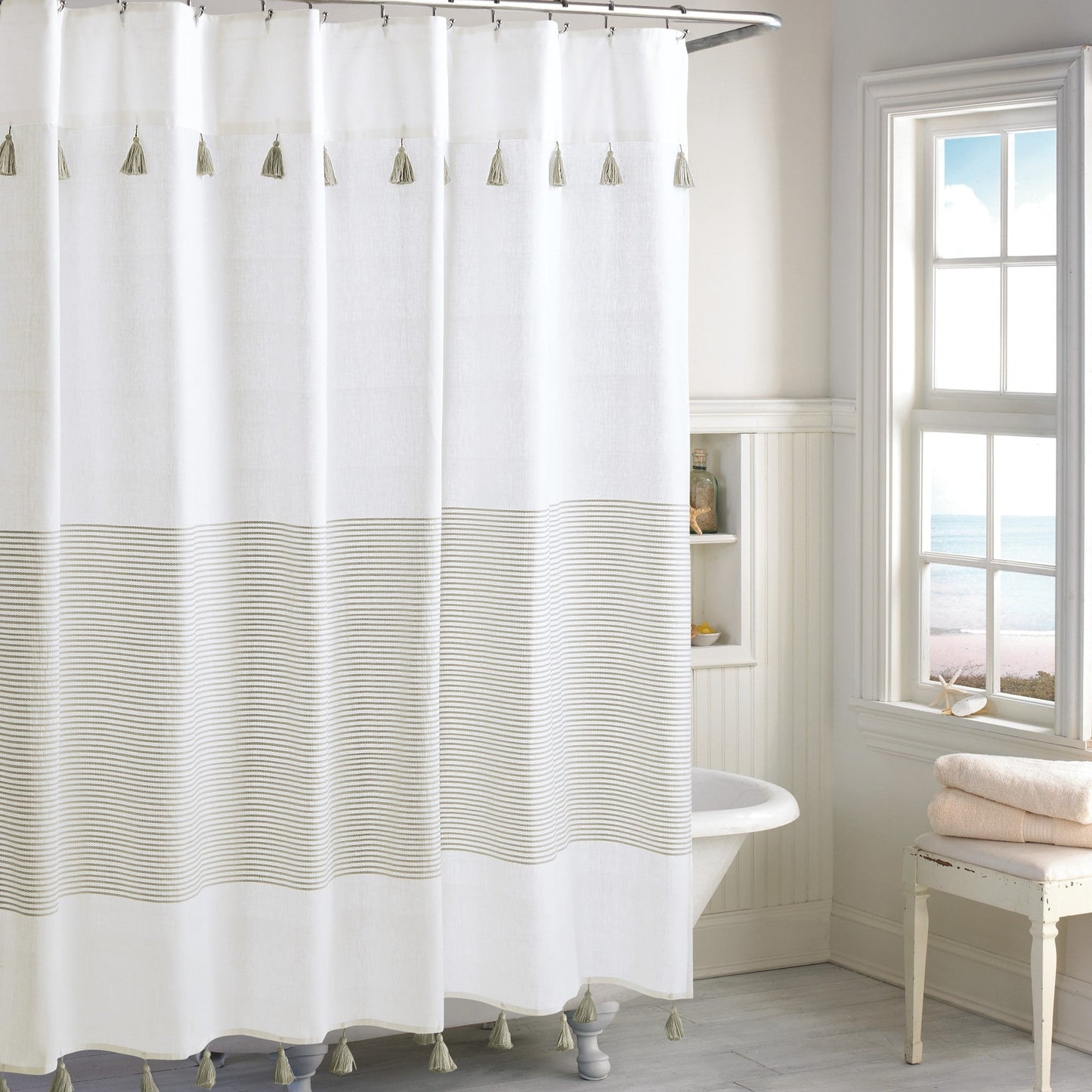 Porch & Den Onassis Modern Stripe Tassel Shower Curtain
