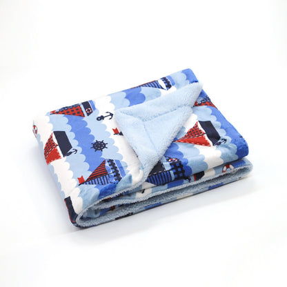 Printed Flannel Fleece Throw Sherpa Kids Blanket, 40 x 50 Inch Nautical Sailing Boat White Base