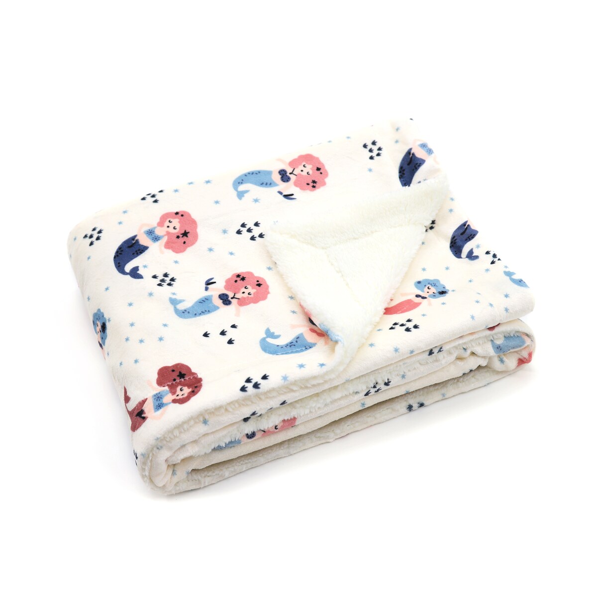 Printed Soft Flannel Fleece Throw Sherpa Kids Blanket, 40 x 50 Inch Pink Mermaid with White Base