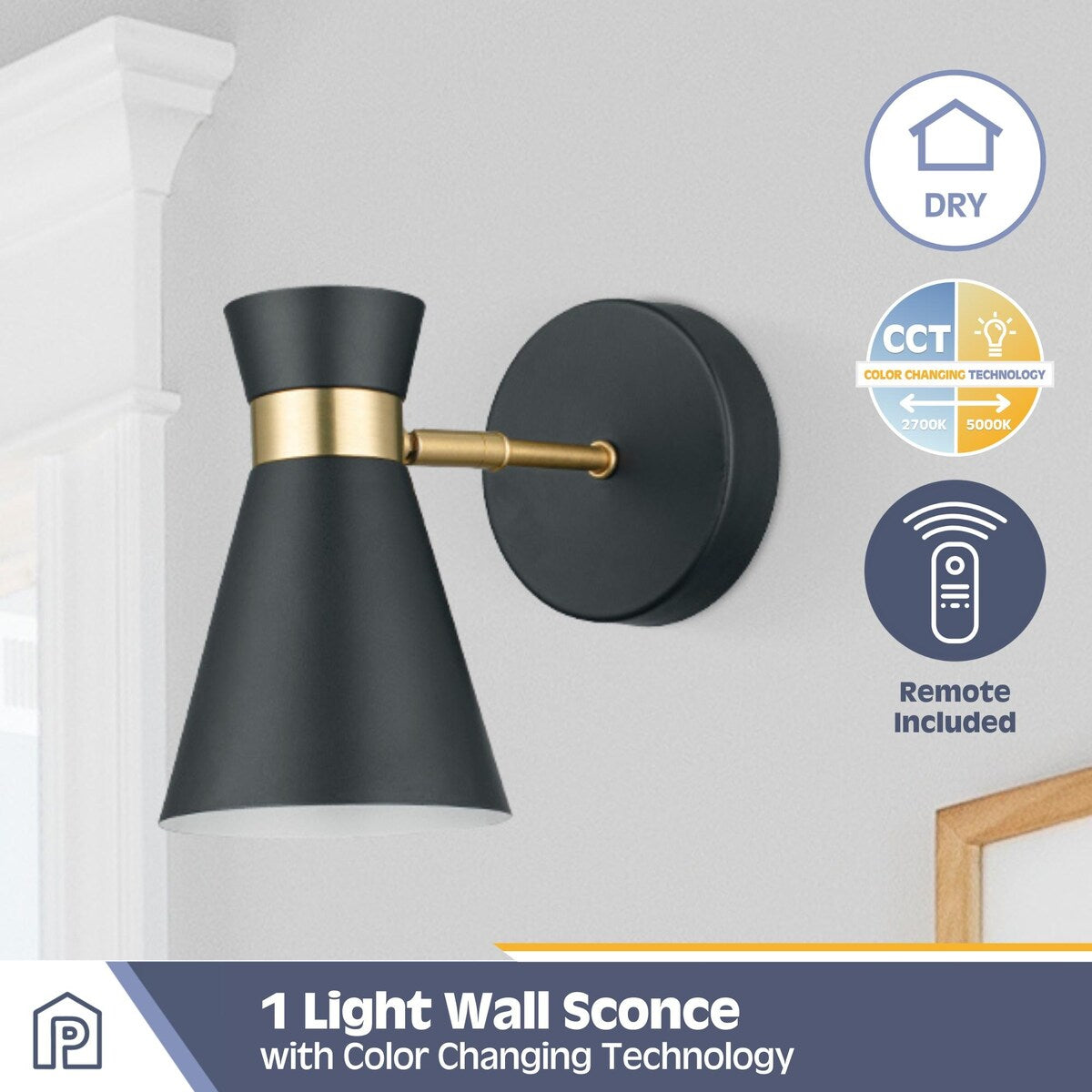 Prominence Home 2-Pack Battery-Operated LED Matte Black Wall Sconce with Brushed Gold Accents