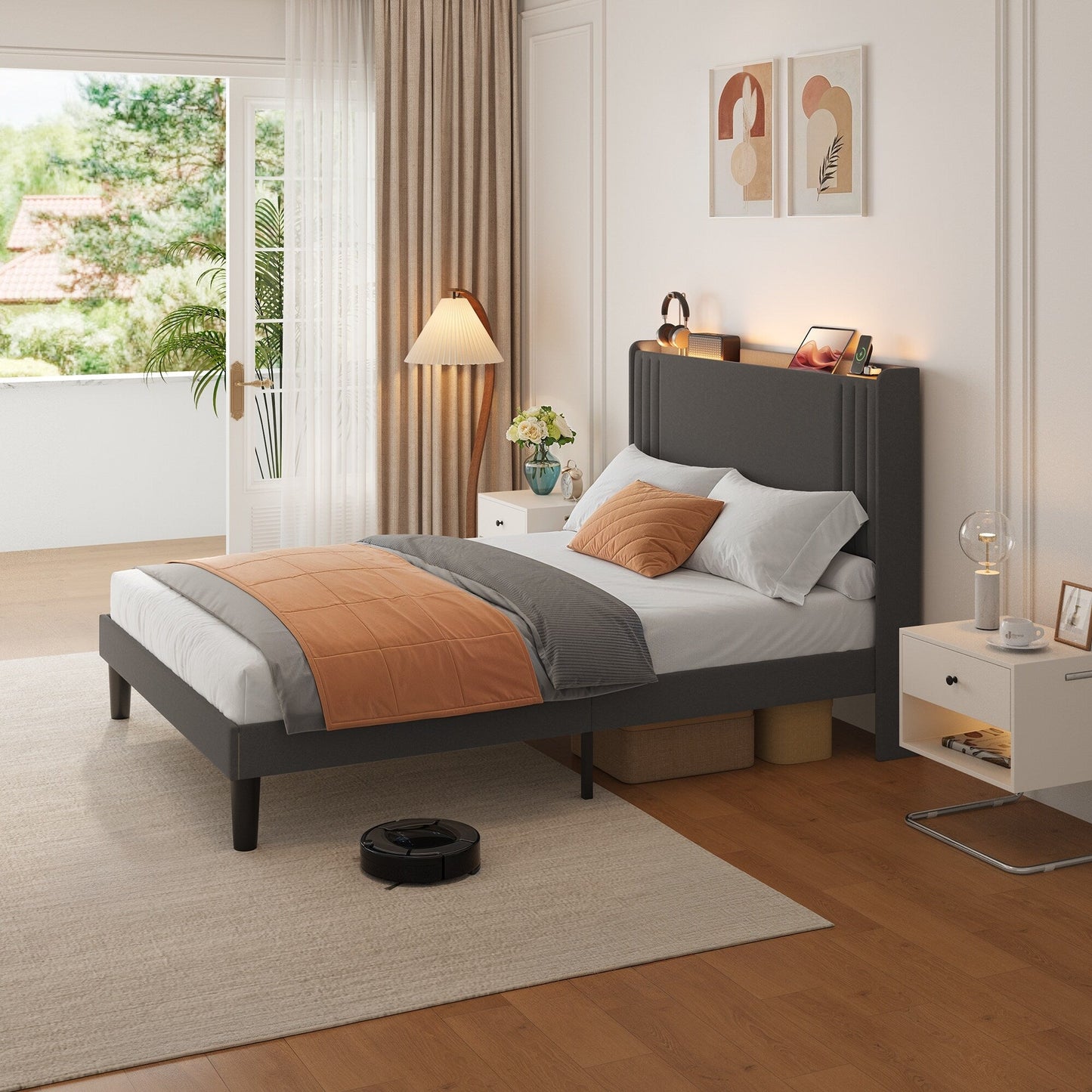 Queen/ Full Vertical Channels Upholstered Bed with Wingback Headboard