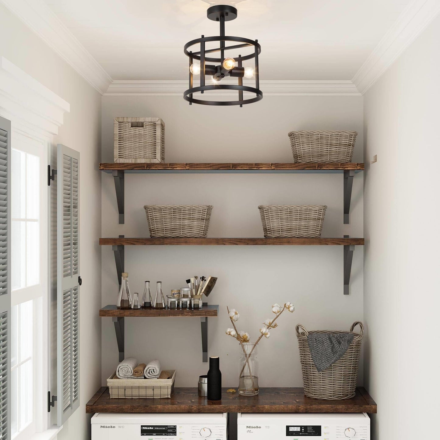 Farmhouse Black 4-Light Semi-Flush Mount Light Drum Chandelier Ceiling Light