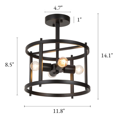 Farmhouse Black 4-Light Semi-Flush Mount Light Drum Chandelier Ceiling Light